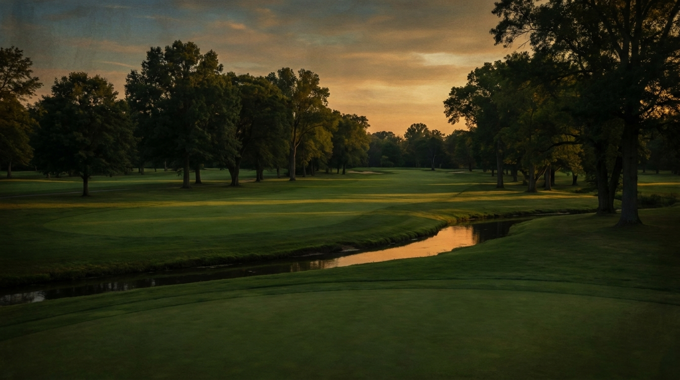 Brand imagery created for 248 Anthems: a creek crossing a narrow tree-lined parkland fairway at dusk. Illustrative of the parkland setting — not a photograph of Dallas Country Club.